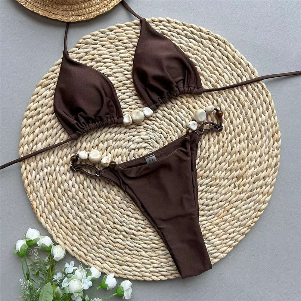 Solid Green Halter Bikini Set with Beaded String Sexy Micro Thong Swimsuit for Women