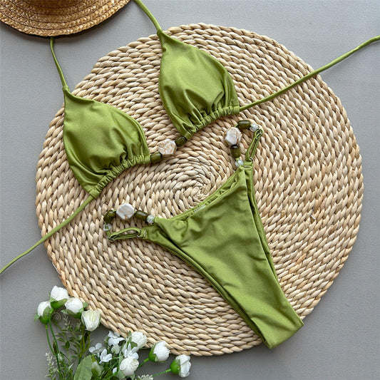 Solid Green Halter Bikini Set with Beaded String Sexy Micro Thong Swimsuit for Women