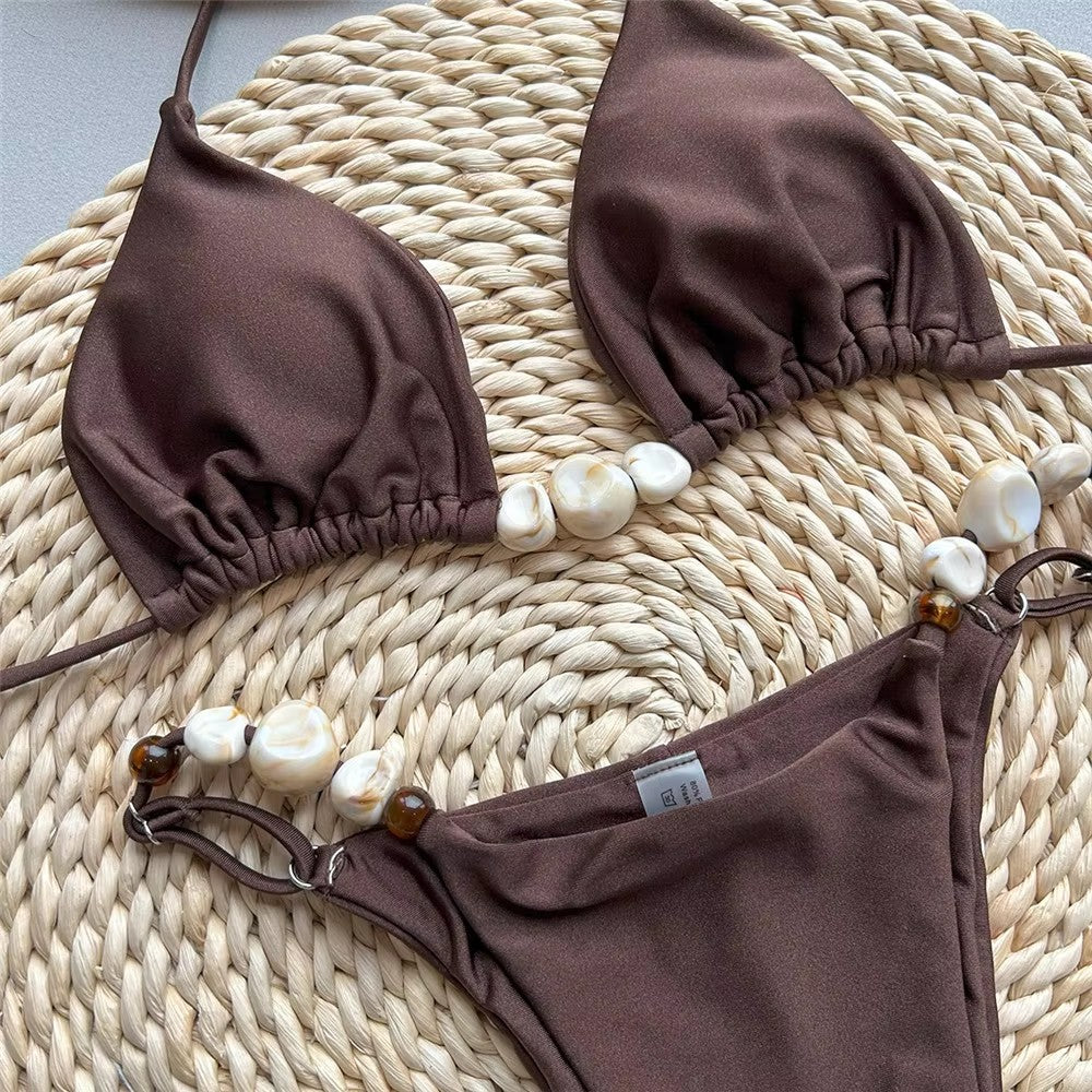 Solid Green Halter Bikini Set with Beaded String Sexy Micro Thong Swimsuit for Women