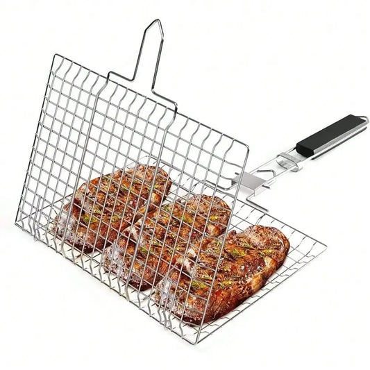 Folding Stainless Steel Portable BBQ Grilling Basket with Removable Handle