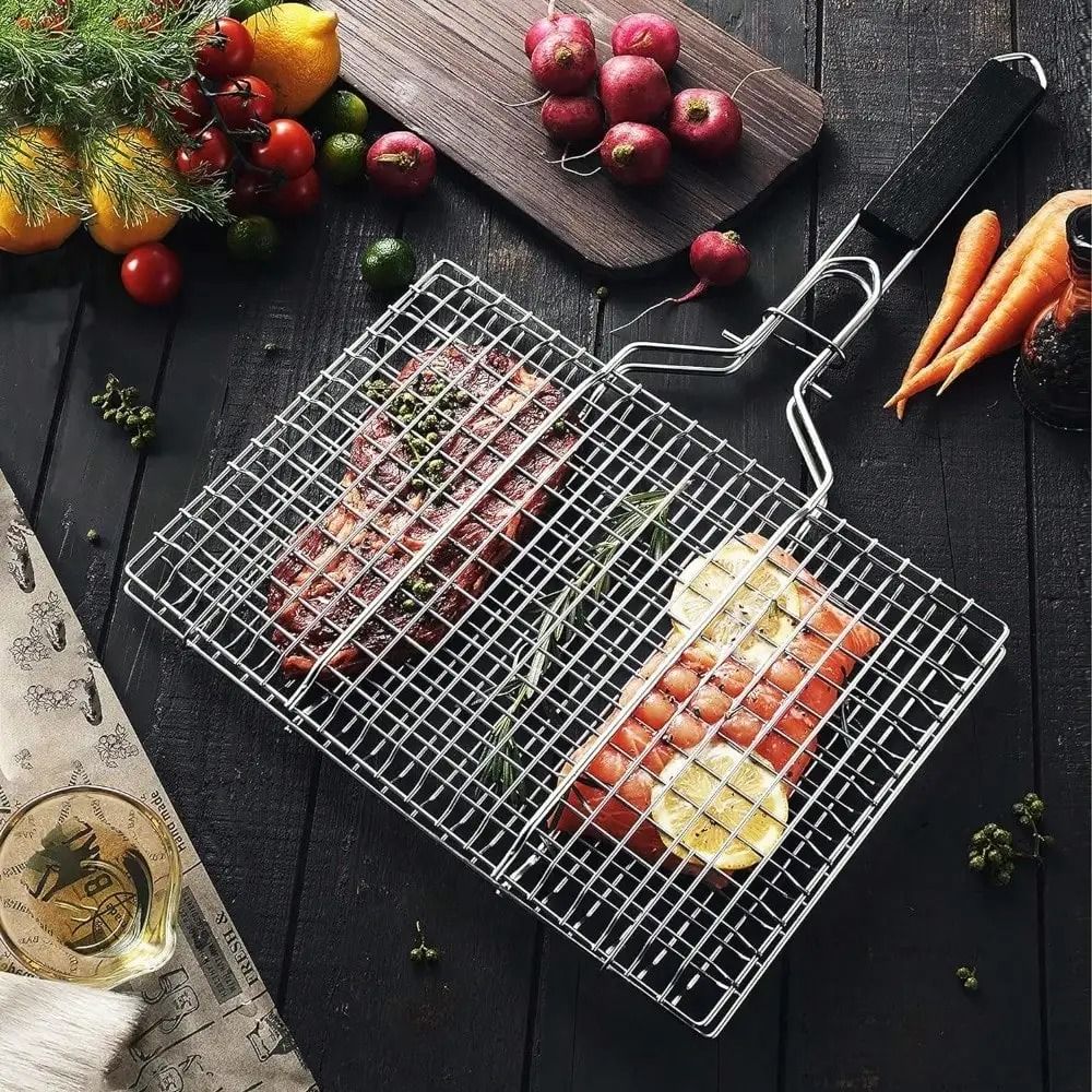 Folding Stainless Steel Portable BBQ Grilling Basket with Removable Handle