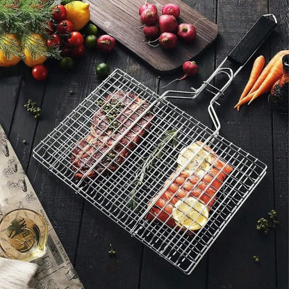 Folding Stainless Steel Portable BBQ Grilling Basket with Removable Handle