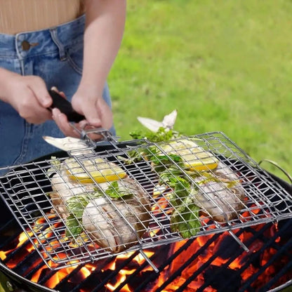 Folding Stainless Steel Portable BBQ Grilling Basket with Removable Handle