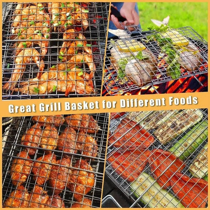 Folding Stainless Steel Portable BBQ Grilling Basket with Removable Handle