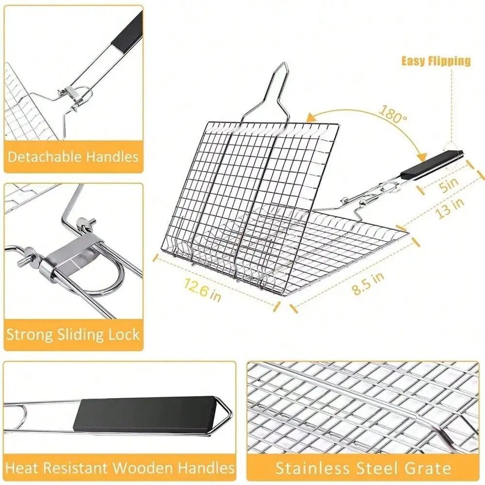 Folding Stainless Steel Portable BBQ Grilling Basket with Removable Handle