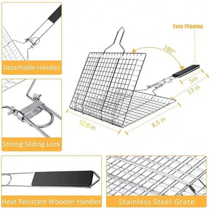 Folding Stainless Steel Portable BBQ Grilling Basket with Removable Handle
