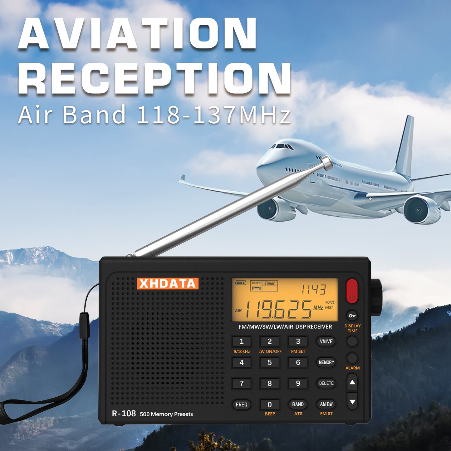Portable Radio AM FM Shortwave Airband Digital Receiver with Presets LCD Type C
