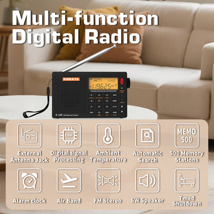 Portable Radio AM FM Shortwave Airband Digital Receiver with Presets LCD Type C