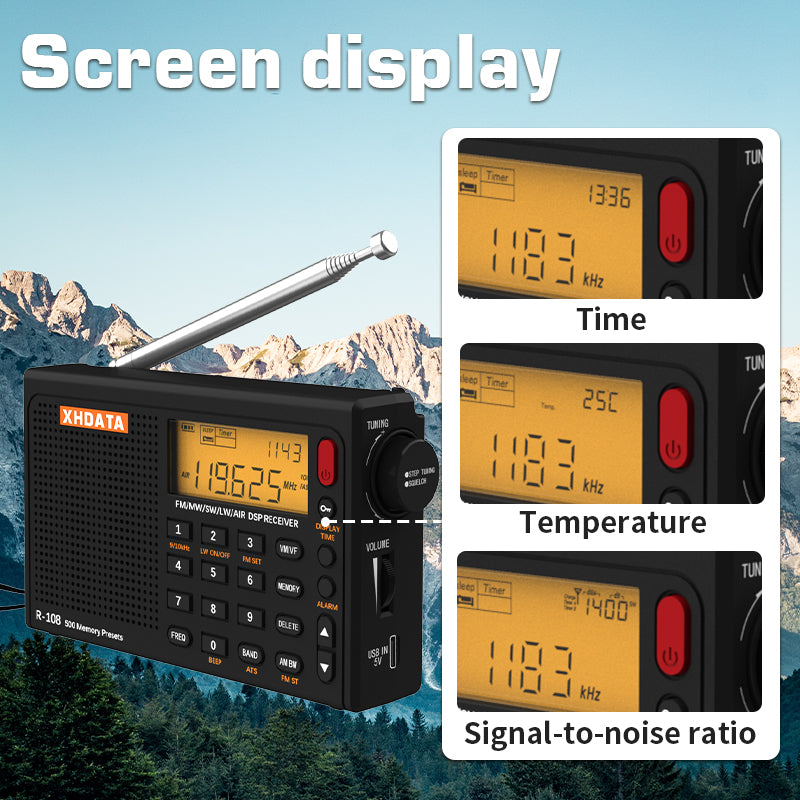 Portable Radio AM FM Shortwave Airband Digital Receiver with Presets LCD Type C