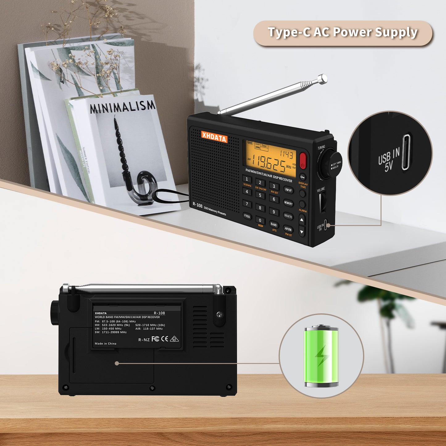 Portable Radio AM FM Shortwave Airband Digital Receiver with Presets LCD Type C