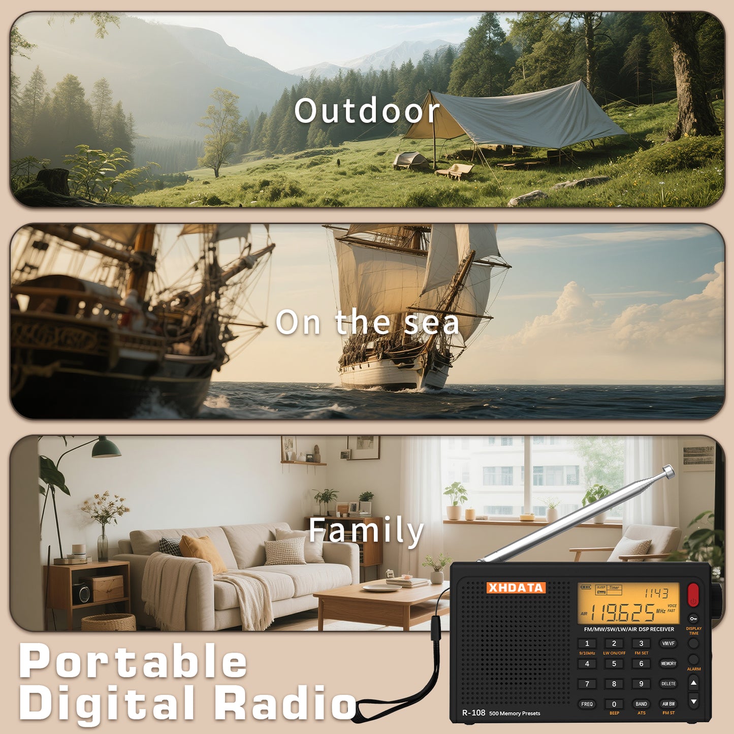 Portable Radio AM FM Shortwave Airband Digital Receiver with Presets LCD Type C