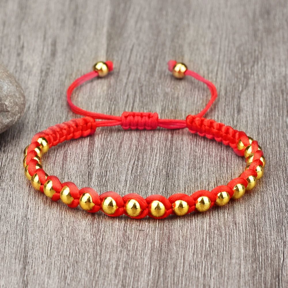 Lucky Red Bracelet Adjustable Braided String with Copper Beads for Protection & Style