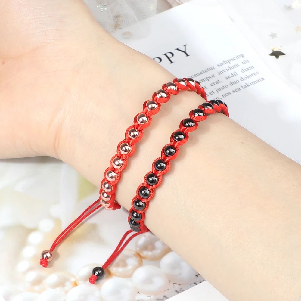 Lucky Red Bracelet Adjustable Braided String with Copper Beads for Protection & Style
