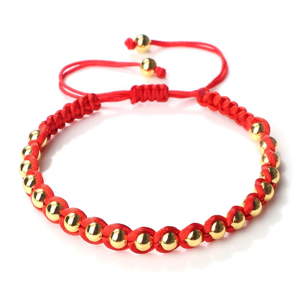 Lucky Red Bracelet Adjustable Braided String with Copper Beads for Protection & Style