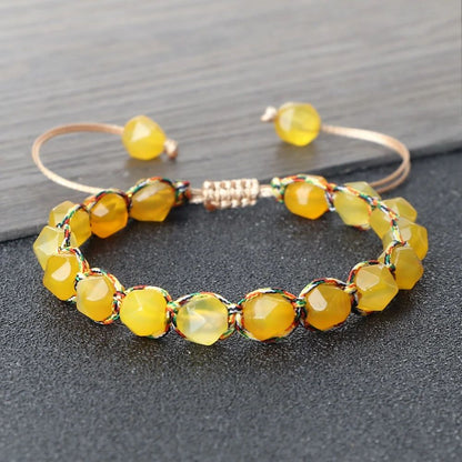 Sun Glow yellow agate bracelet – Handmade braided stone bracelet with 8mm faceted beads