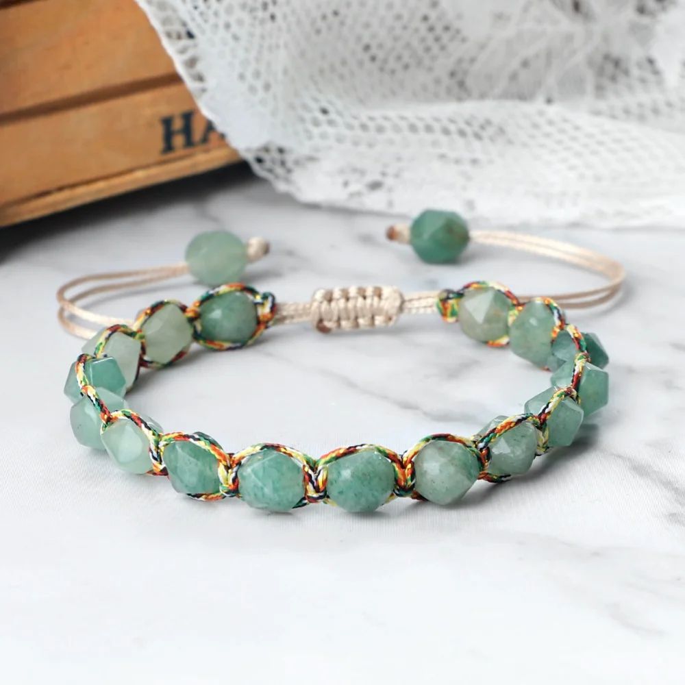 Sun Glow yellow agate bracelet – Handmade braided stone bracelet with 8mm faceted beads