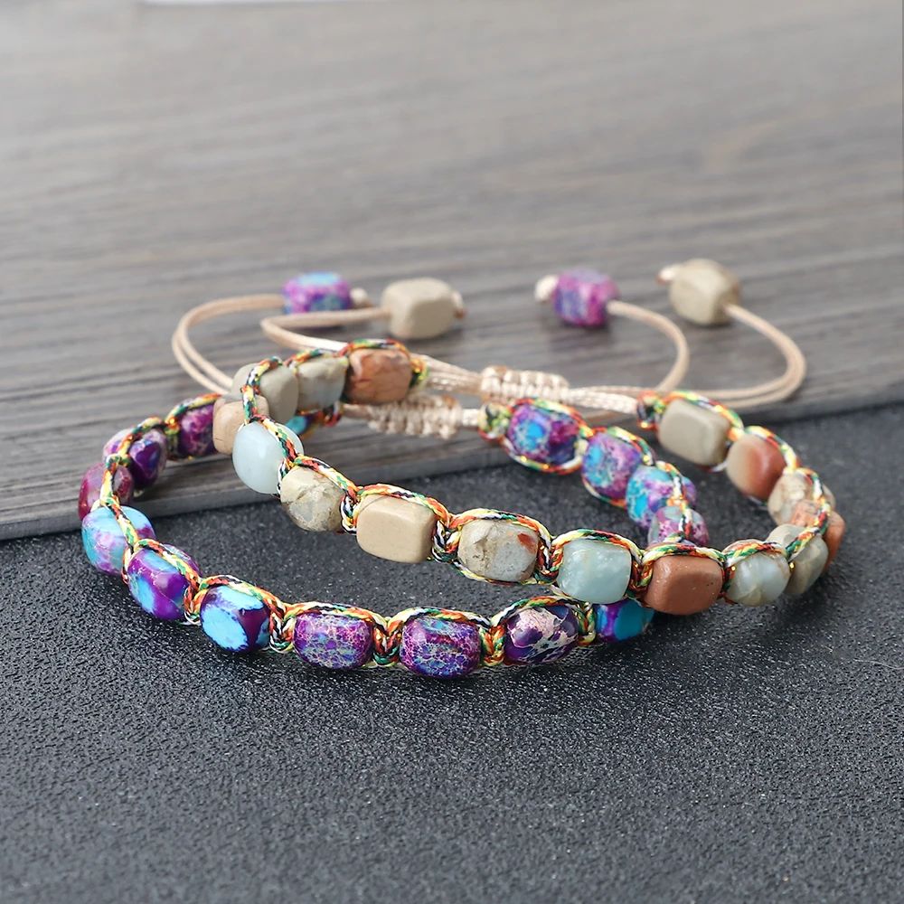 Natural Stone Square Bead Bracelet Adjustable Braided Rope couples bracelet for Women and Men