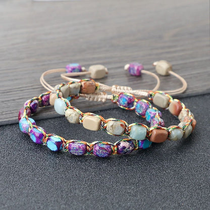 Natural Stone Square Bead Bracelet Adjustable Braided Rope couples bracelet for Women and Men