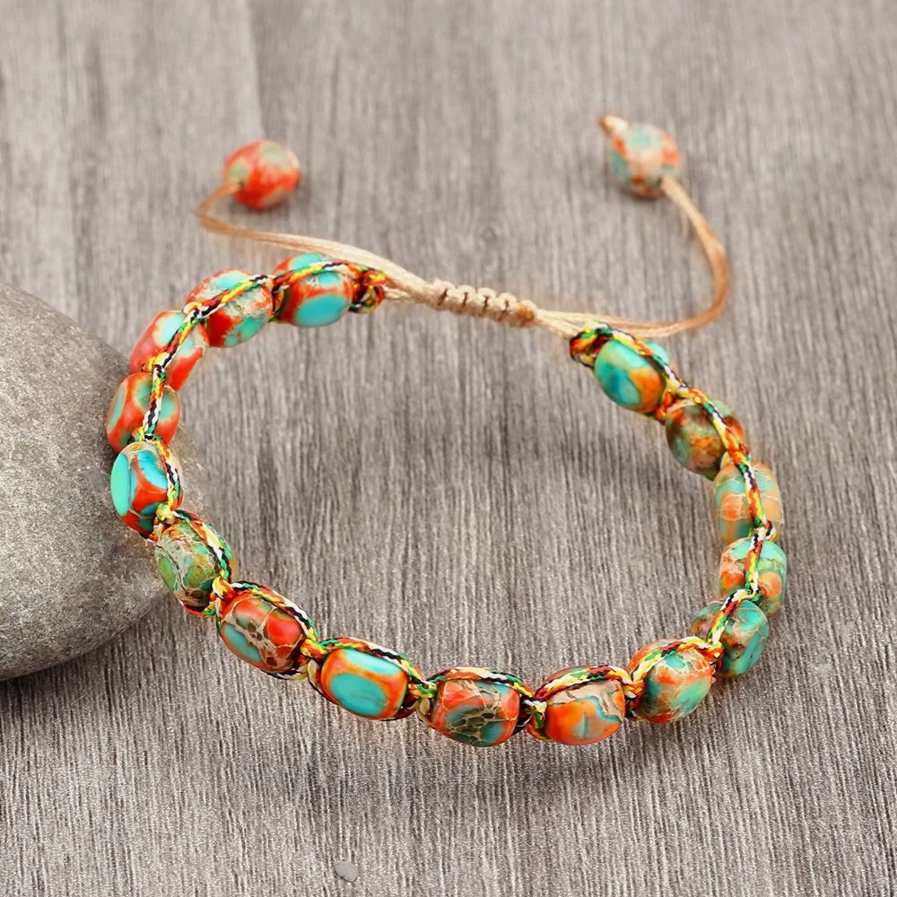 Natural Stone Square Bead Bracelet Adjustable Braided Rope couples bracelet for Women and Men