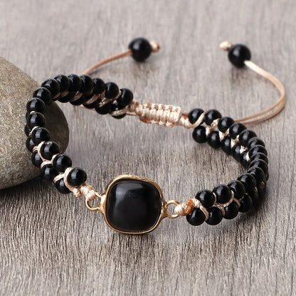 Black Onyx Obsidian Bracelet for Men & Women – Adjustable Braided Handmade Prayer Bracelet