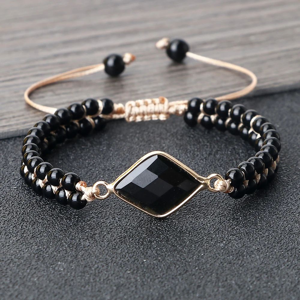 Black Onyx Obsidian Bracelet for Men & Women – Adjustable Braided Handmade Prayer Bracelet