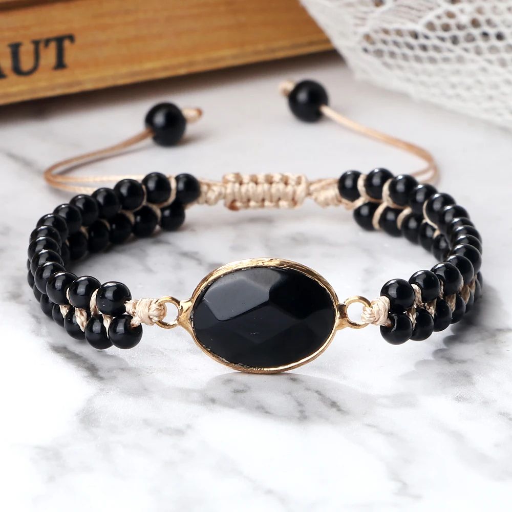 Black Onyx Obsidian Bracelet for Men & Women – Adjustable Braided Handmade Prayer Bracelet