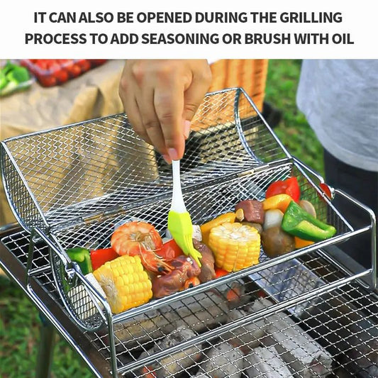 Stainless Steel Rolling BBQ Grill Basket Rotisserie Roaster