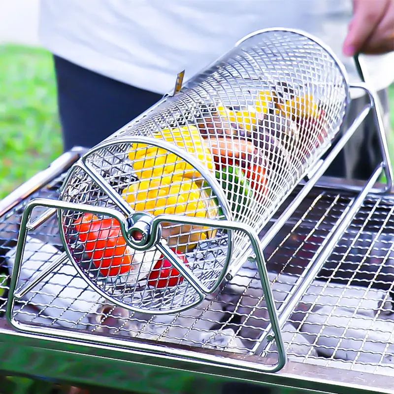 Stainless Steel Rolling BBQ Grill Basket Rotisserie Roaster