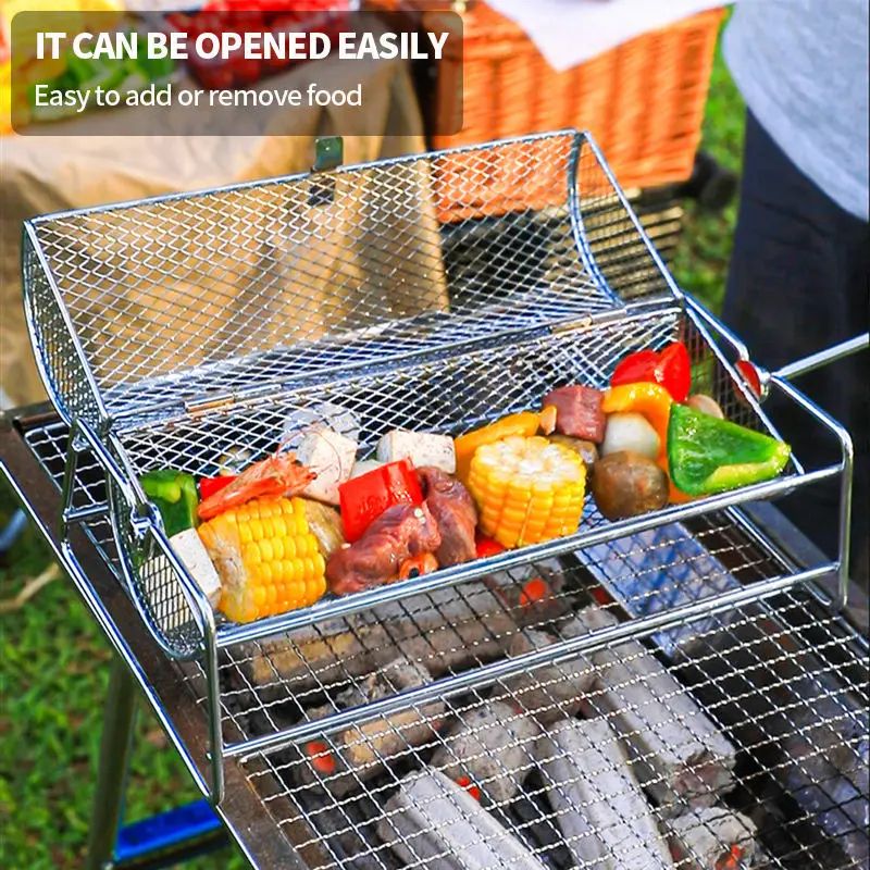 Stainless Steel Rolling BBQ Grill Basket Rotisserie Roaster