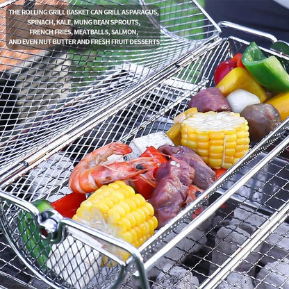 Stainless Steel Rolling BBQ Grill Basket Rotisserie Roaster