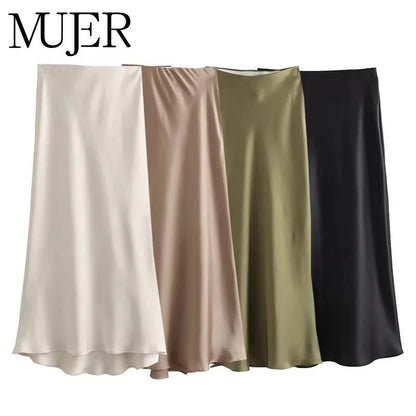 High Waist Satin Midi Skirt Elegant Black Summer Skirt for Women