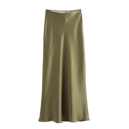 High Waist Satin Midi Skirt Elegant Black Summer Skirt for Women