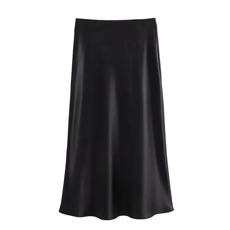 High Waist Satin Midi Skirt Elegant Black Summer Skirt for Women