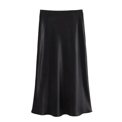 High Waist Satin Midi Skirt Elegant Black Summer Skirt for Women