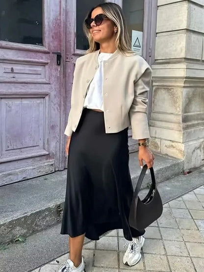 High Waist Satin Midi Skirt Elegant Black Summer Skirt for Women