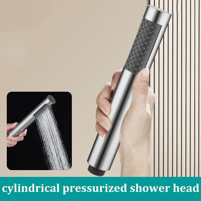 Handheld Cylindrical Stainless Steel Booster Shower Head – High-Pressure Universal Bathroom Set