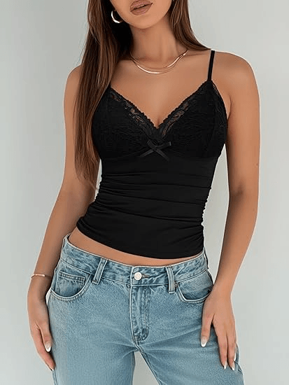 Contrast Lace Bow Front Crop Cami Top for Women