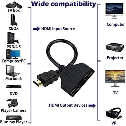 Dual Display 1080P HDMI Splitter Cable – 1 in 2 Out Adapter for TV, Laptop & Monitor