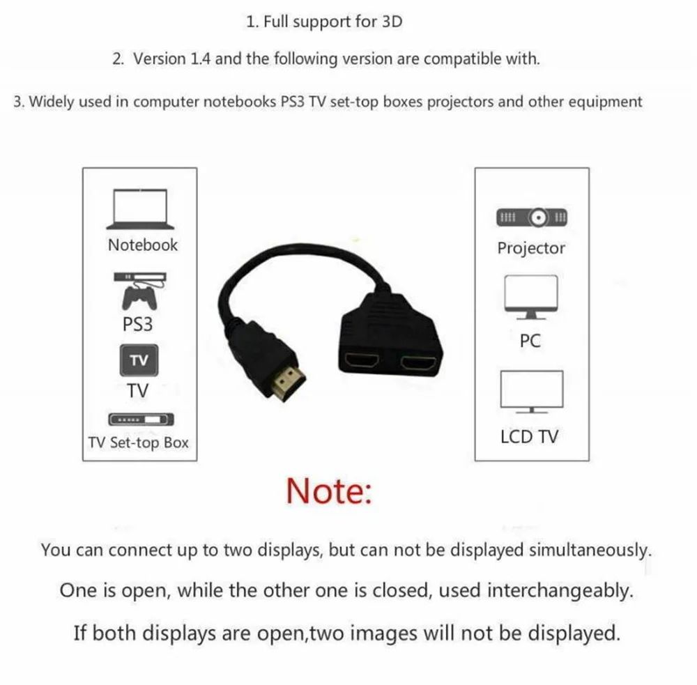Dual Display 1080P HDMI Splitter Cable – 1 in 2 Out Adapter for TV, Laptop & Monitor