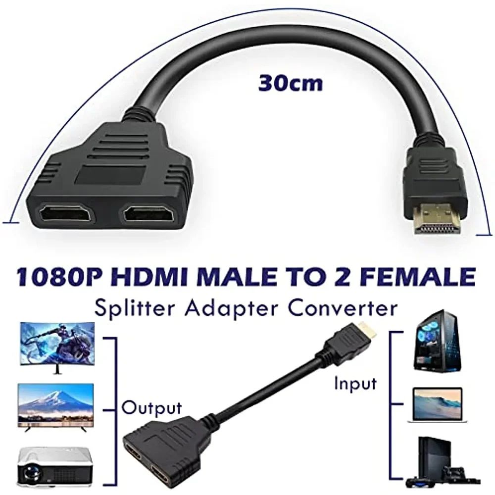 Dual Display 1080P HDMI Splitter Cable – 1 in 2 Out Adapter for TV, Laptop & Monitor