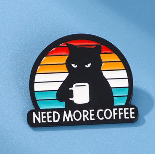 Funny Black Cat Coffee Pin Need More Coffee Cute Enamel Brooch Badge