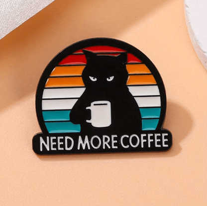 Funny Black Cat Coffee Pin Need More Coffee Cute Enamel Brooch Badge