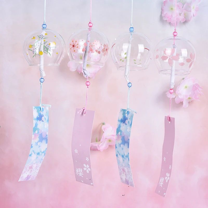 Japanese Glass Wind Chimes, Sakura Cherry Blossom Hanging Decor