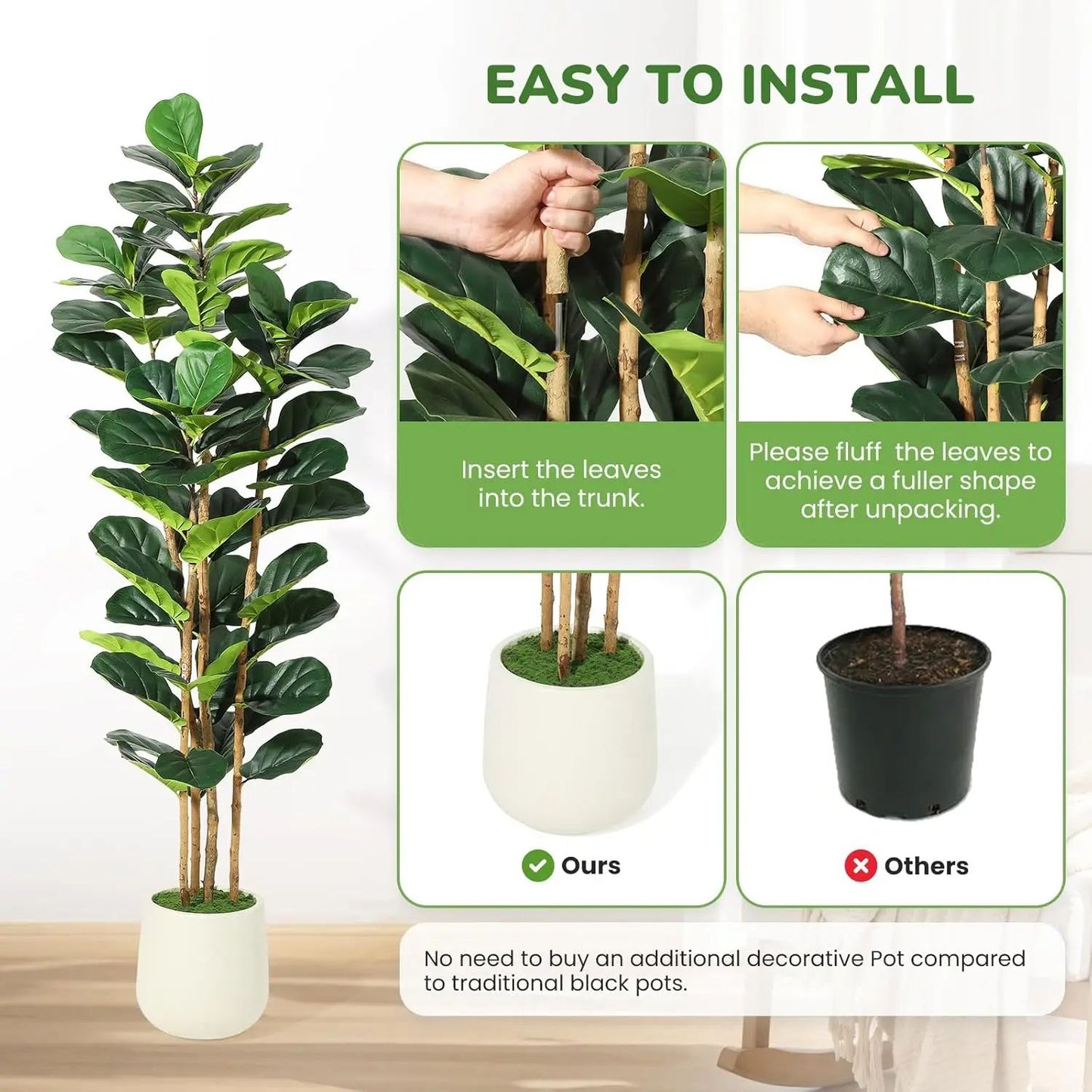 Tall Artificial Fiddle Leaf Fig Tree with Pot – Realistic Faux Plant Decor for Stylish Indoor Spaces