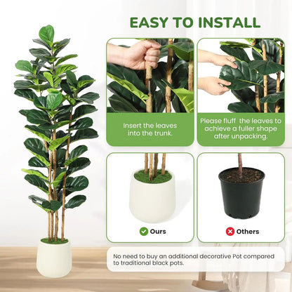 Tall Artificial Fiddle Leaf Fig Tree with Pot – Realistic Faux Plant Decor for Stylish Indoor Spaces