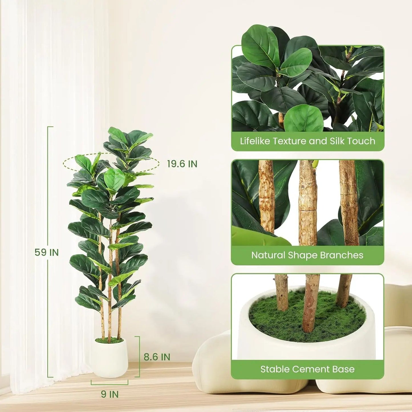 Tall Artificial Fiddle Leaf Fig Tree with Pot – Realistic Faux Plant Decor for Stylish Indoor Spaces
