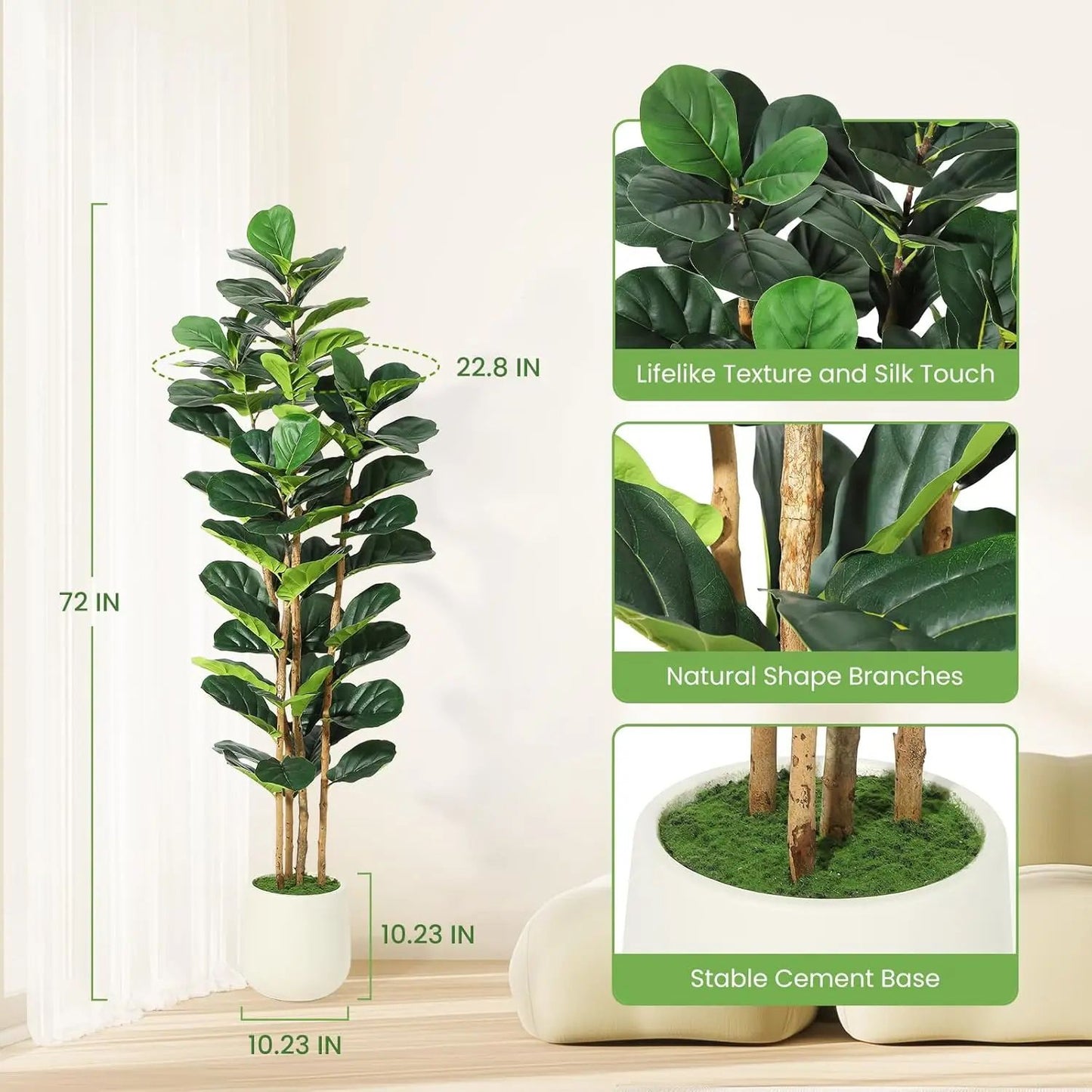 Tall Artificial Fiddle Leaf Fig Tree with Pot – Realistic Faux Plant Decor for Stylish Indoor Spaces
