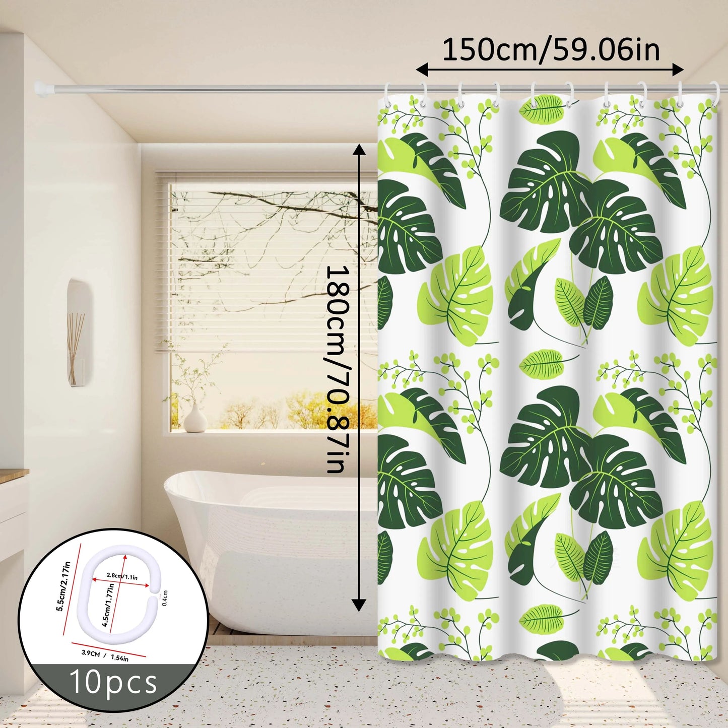 Tropical Leaf Shower Curtain Green Bathroom Privacy Curtain Waterproof Decor