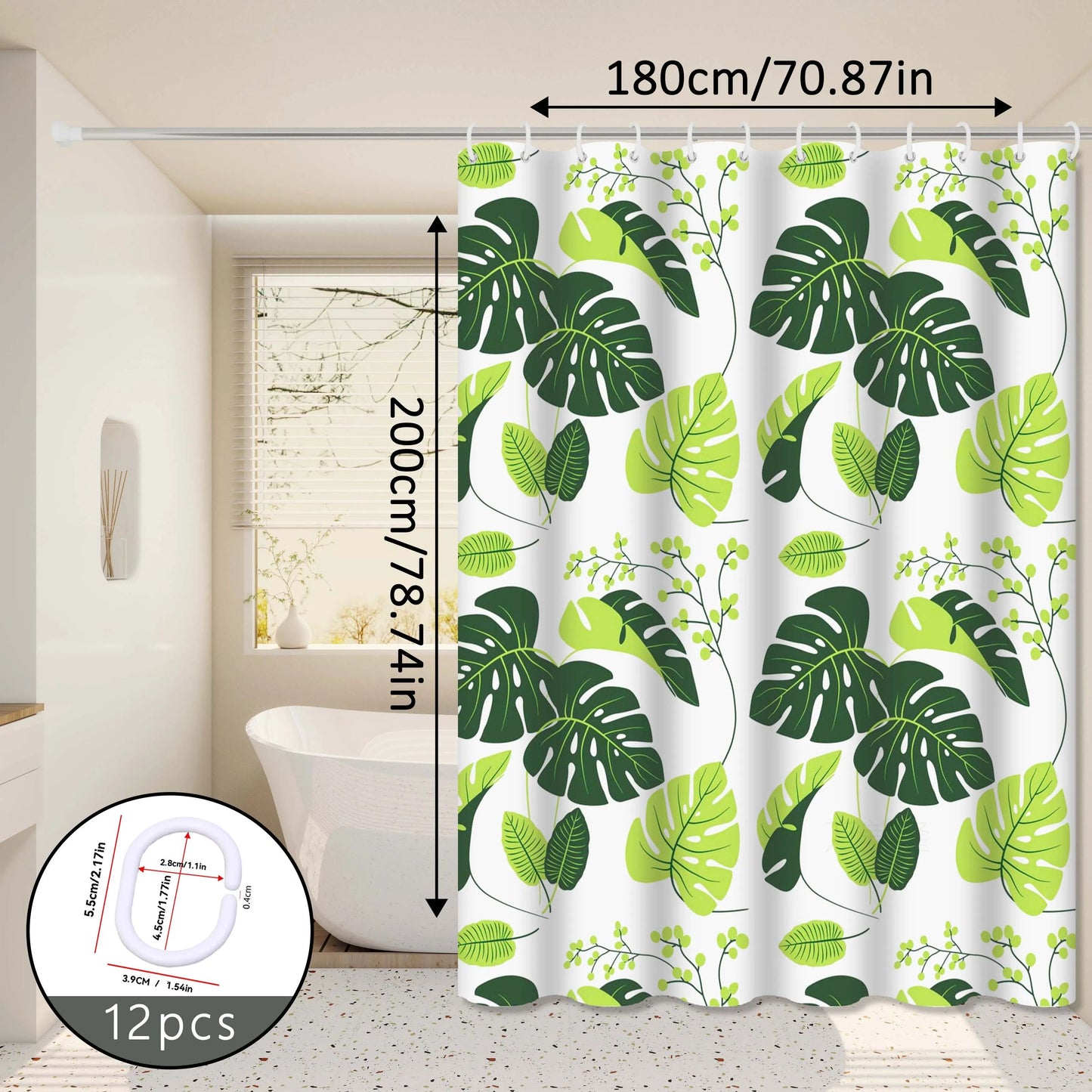Tropical Leaf Shower Curtain Green Bathroom Privacy Curtain Waterproof Decor