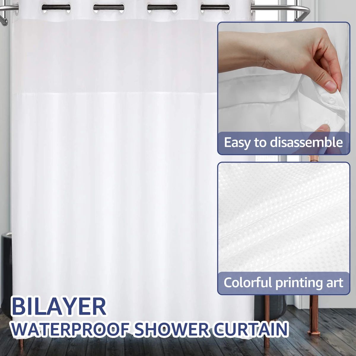 Double Layer Shower Curtain with Snap In Liner Waterproof Hookless Bathroom Curtain